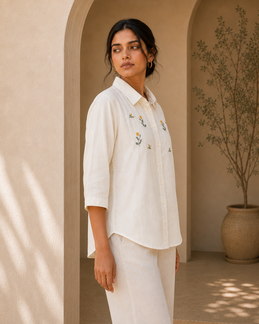 Ivory Floral Embroidered Cotton Shirt