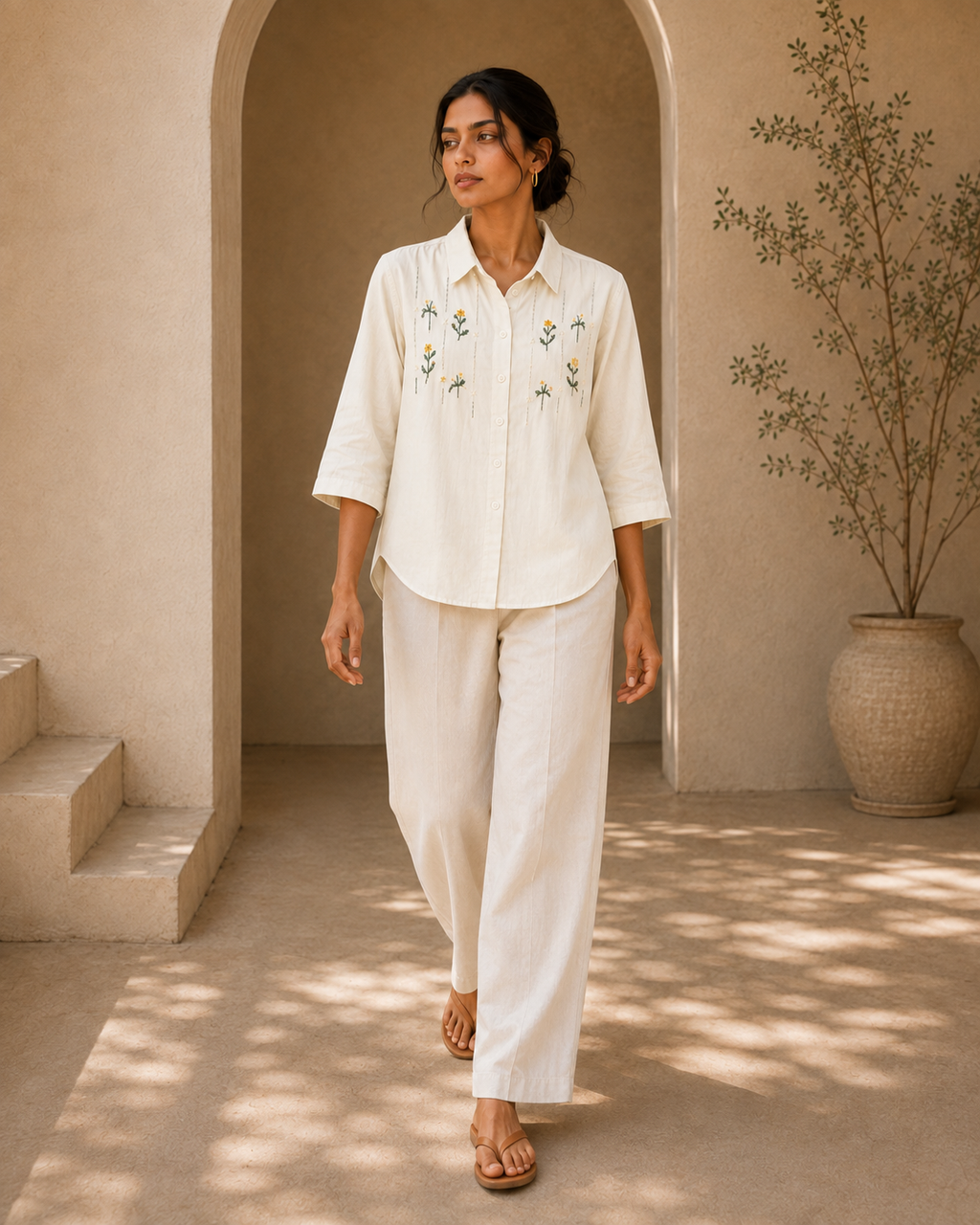 Ivory Floral Embroidered Cotton Shirt