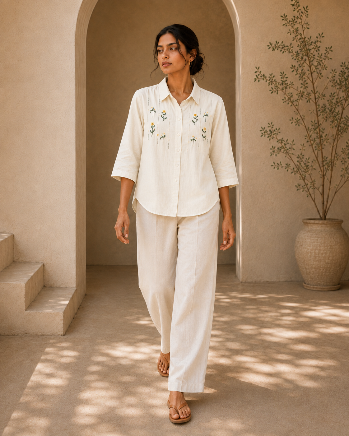 Ivory Floral Embroidered Cotton Shirt