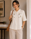 Ivory Floral Embroidered Cotton Shirt