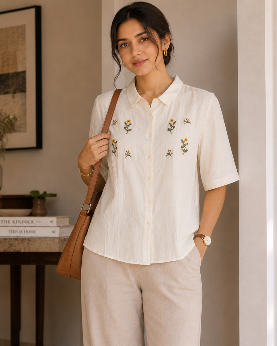 Ivory Floral Embroidered Cotton Shirt