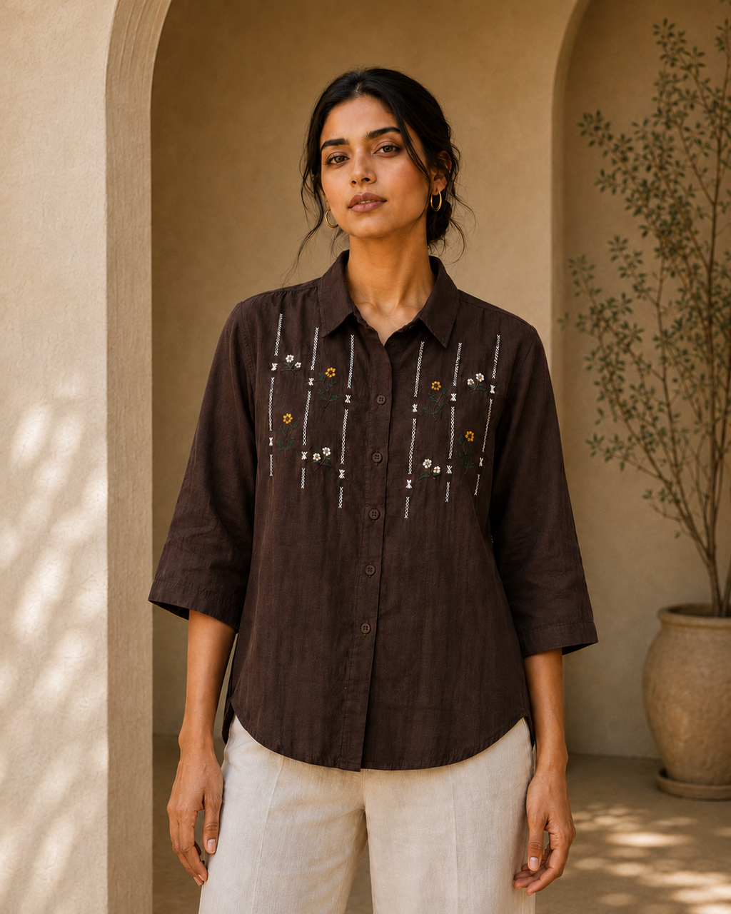 Chocolate Brown Floral Embroidered Cotton Shirt