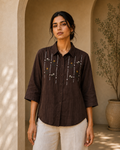Chocolate Brown Floral Embroidered Cotton Shirt