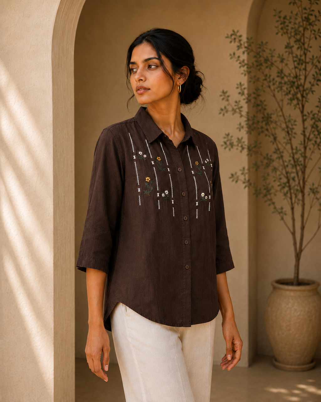 Chocolate Brown Floral Embroidered Cotton Shirt