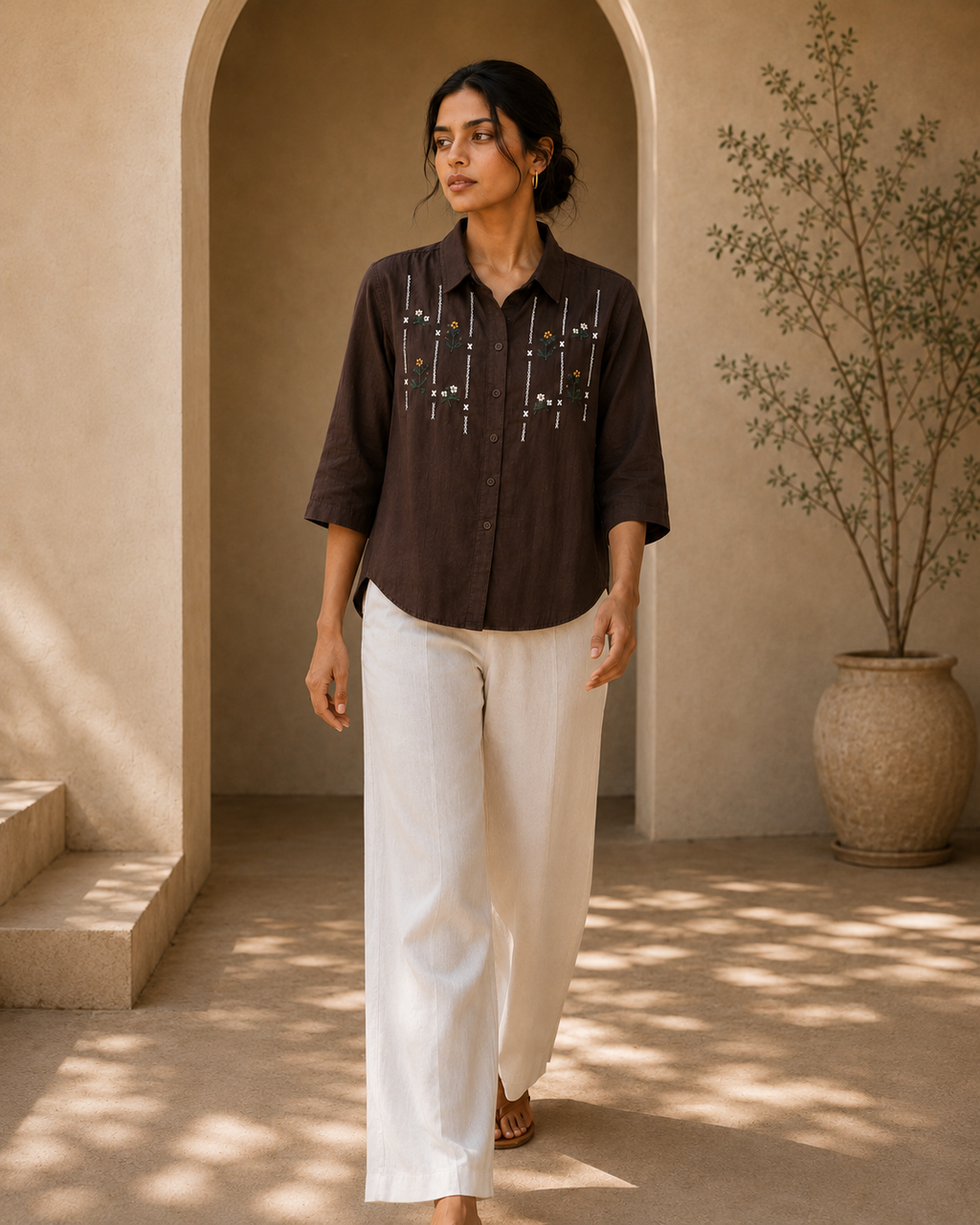 Chocolate Brown Floral Embroidered Cotton Shirt