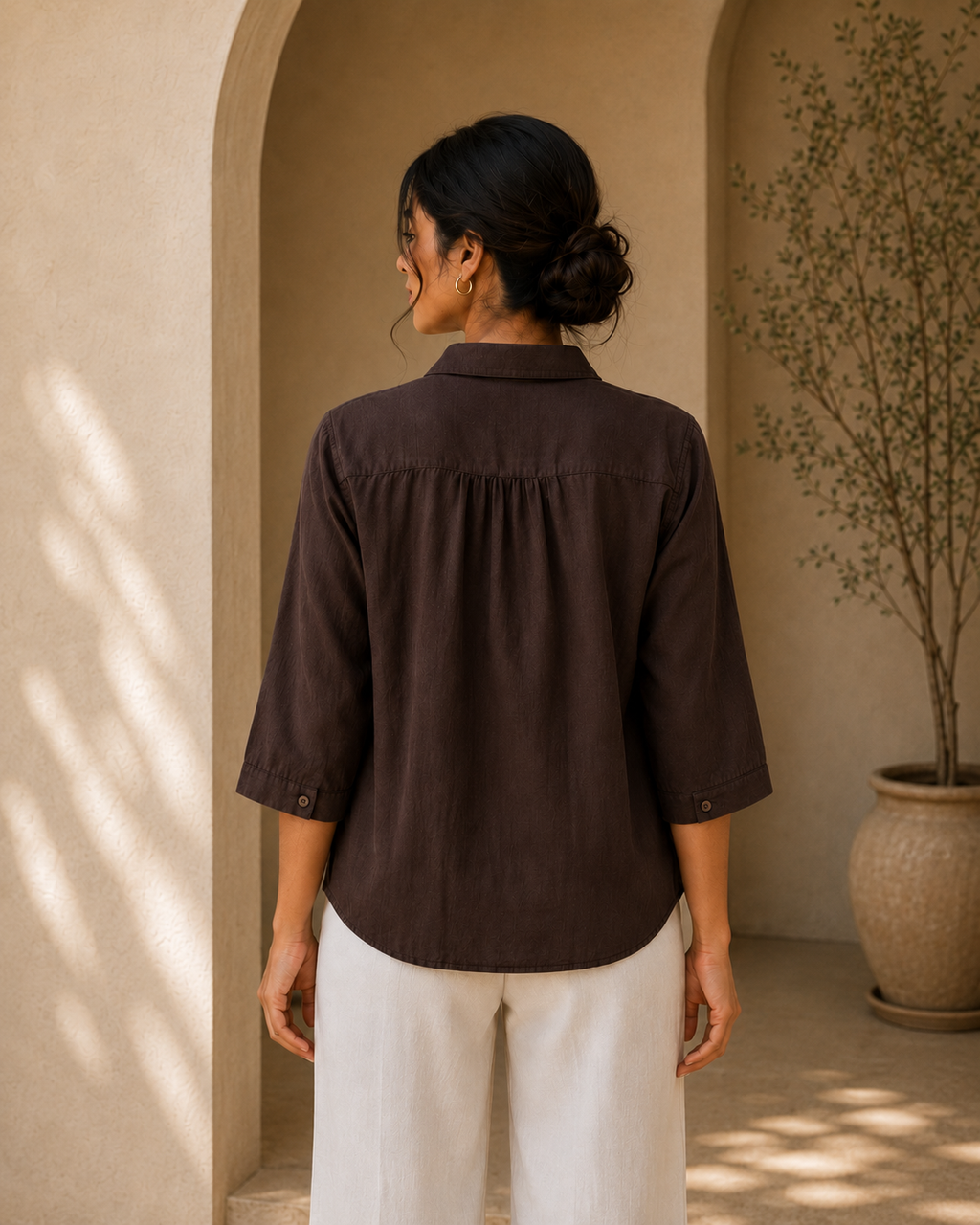 Chocolate Brown Floral Embroidered Cotton Shirt