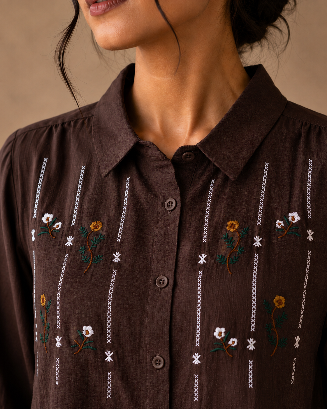 Chocolate Brown Floral Embroidered Cotton Shirt