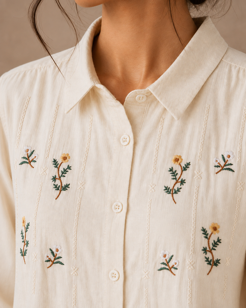 Ivory Floral Embroidered Cotton Shirt