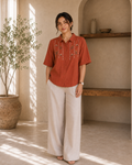 Terracotta Floral Embroidered Cotton Shirt