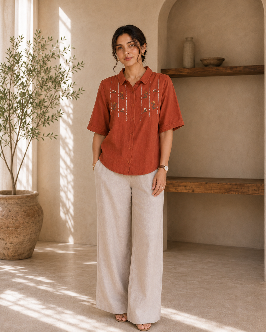 Terracotta Floral Embroidered Cotton Shirt