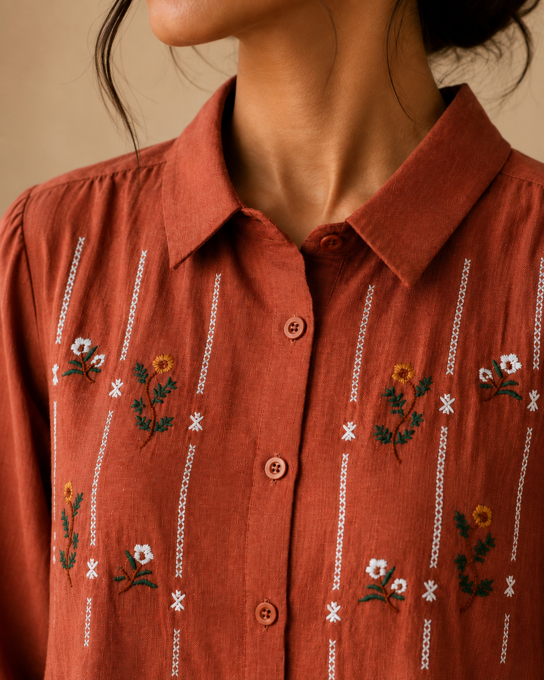 Terracotta Floral Embroidered Cotton Shirt