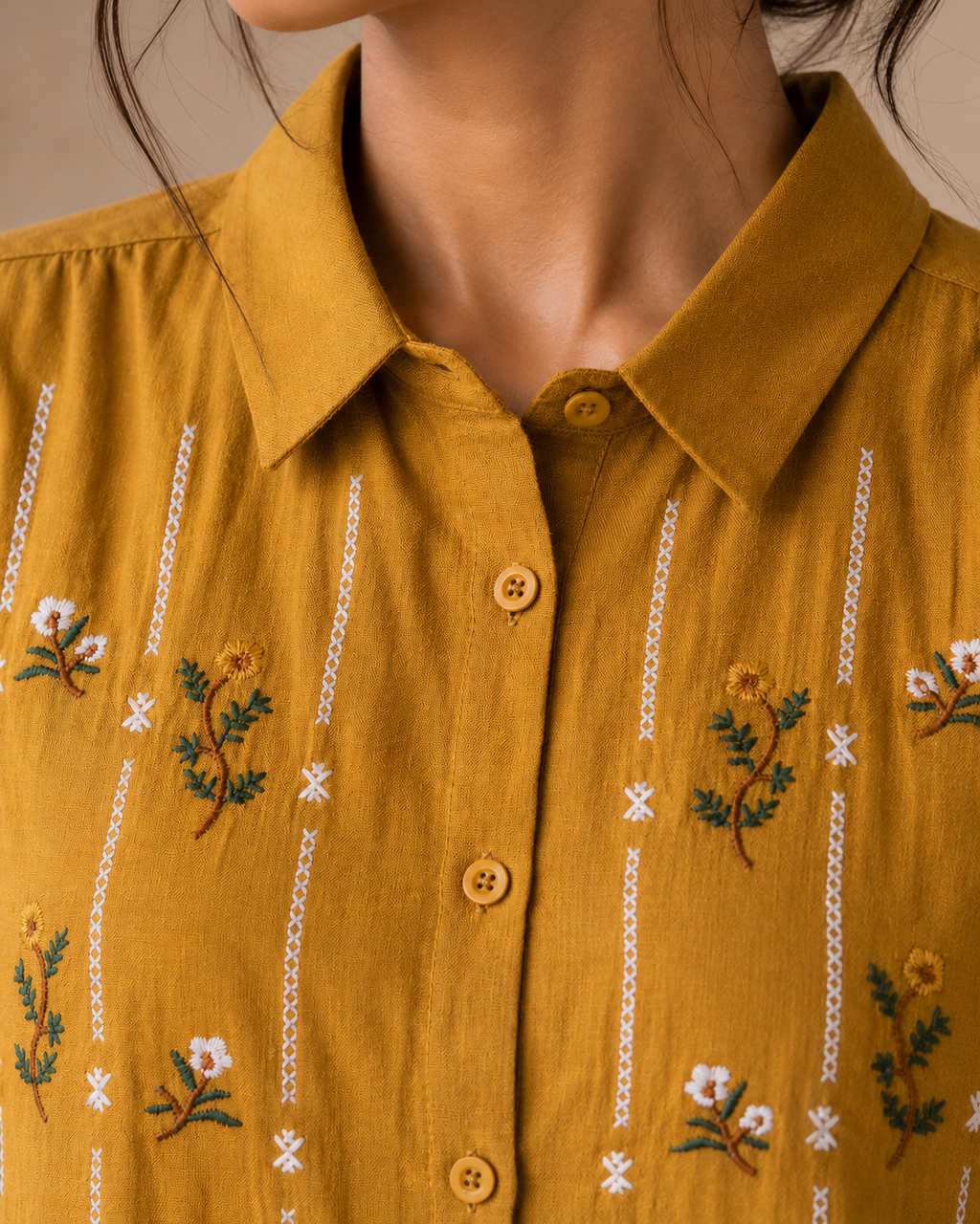 Mustard Floral Embroidered Cotton Shirt