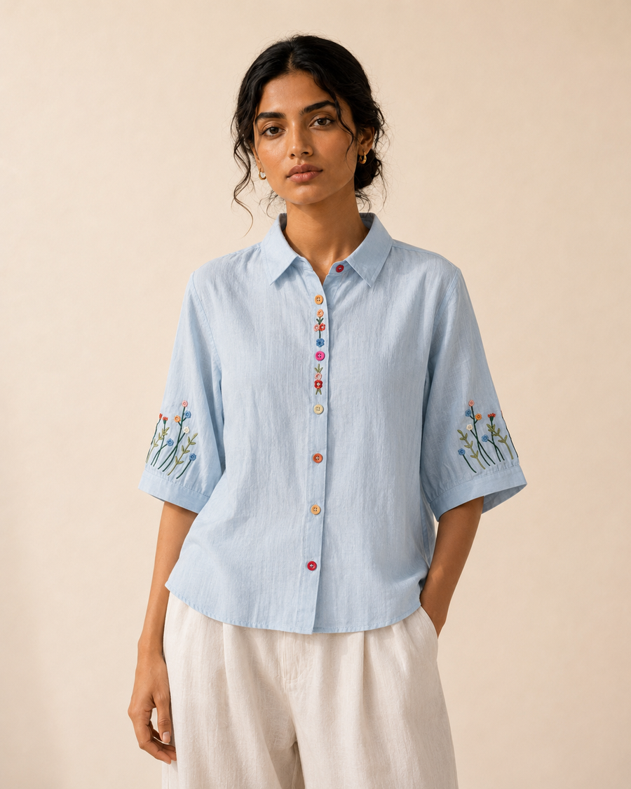 Sky Blue Wildflower Embroidered Cotton Shirt
