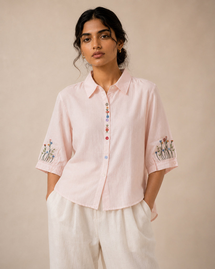 Soft Blush Pink Wildflower Embroidered Cotton Shirt