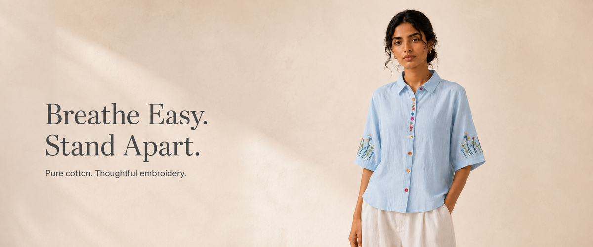 Woman wearing a light blue embroidered cotton shirt. Breathe Easy. Stand Apart.