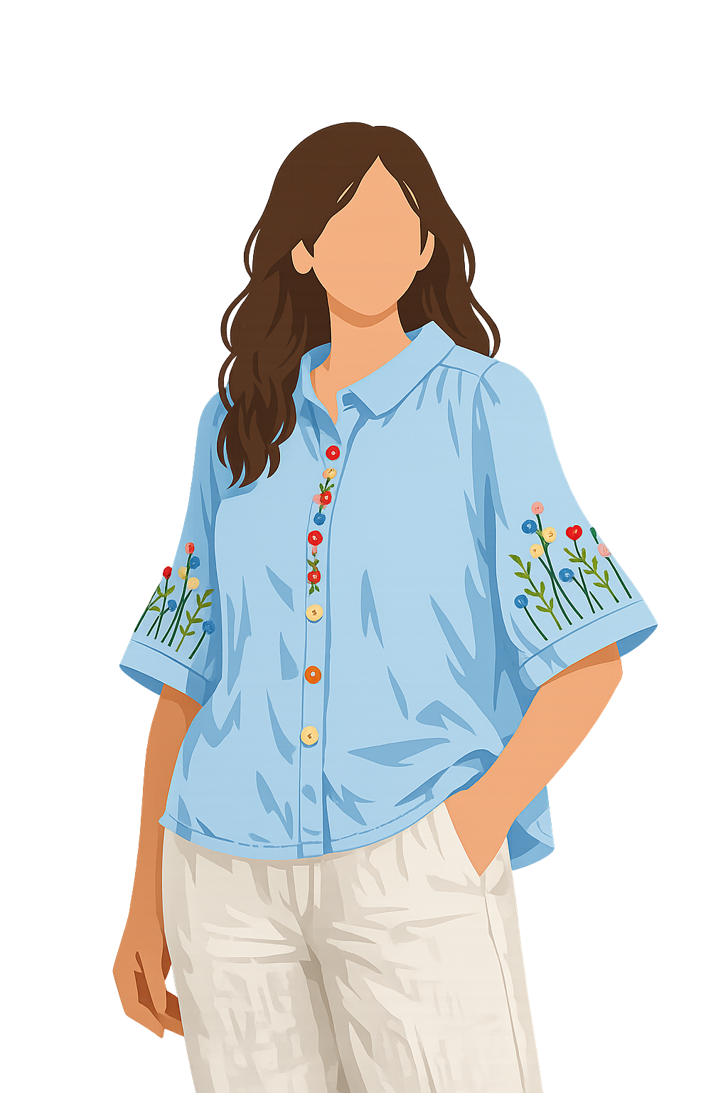 Woman wearing a shirt with distinctive embroidery