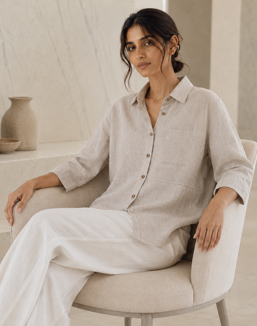 Stone Grey Back Embroidered Linen Shirt
