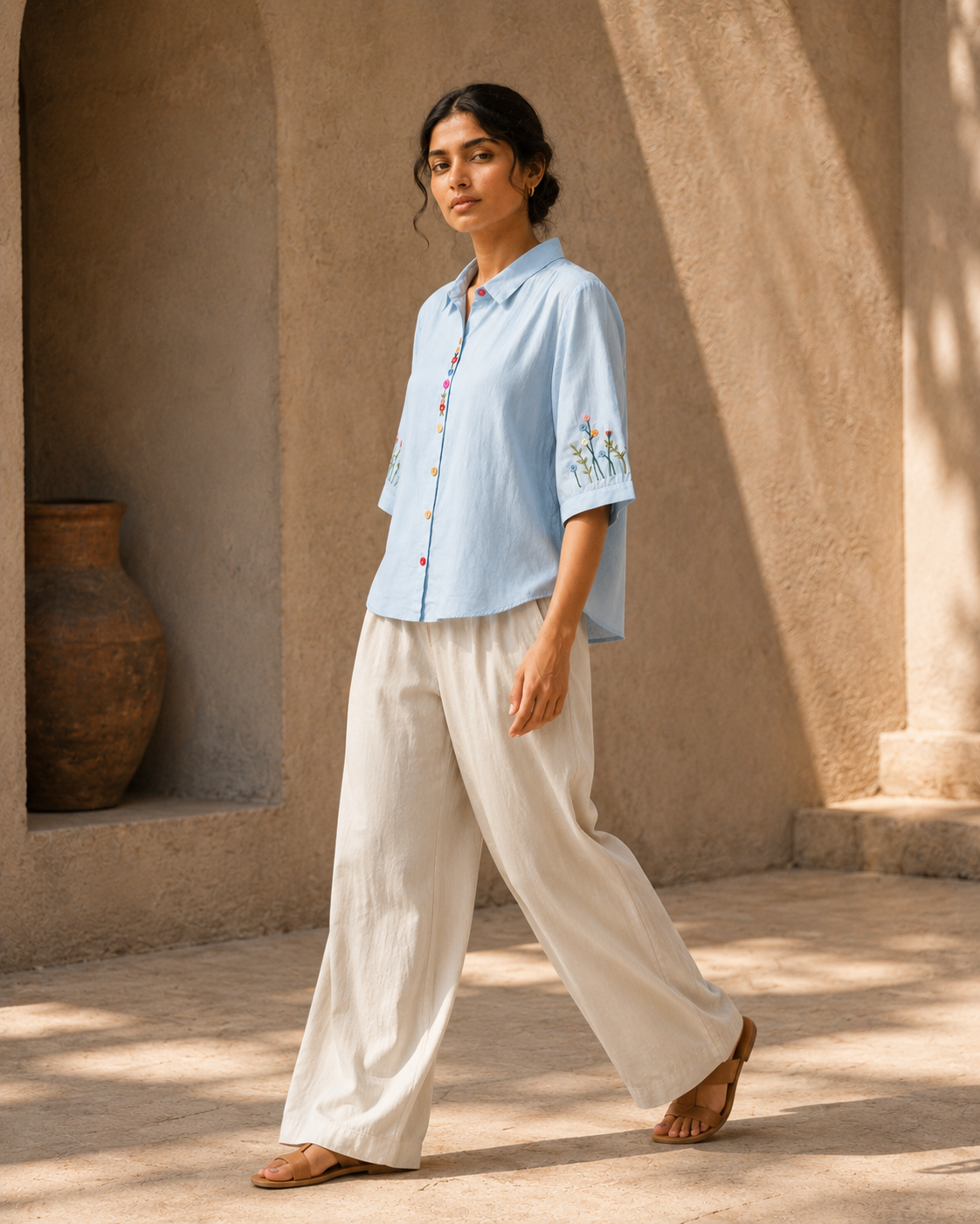 Sky Blue Wildflower Embroidered Cotton Shirt