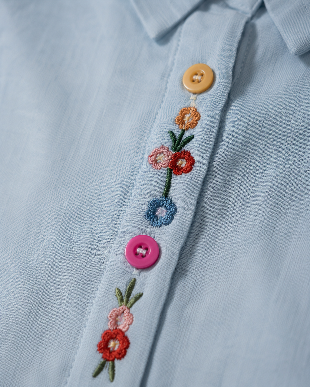 Sky Blue Wildflower Embroidered Cotton Shirt