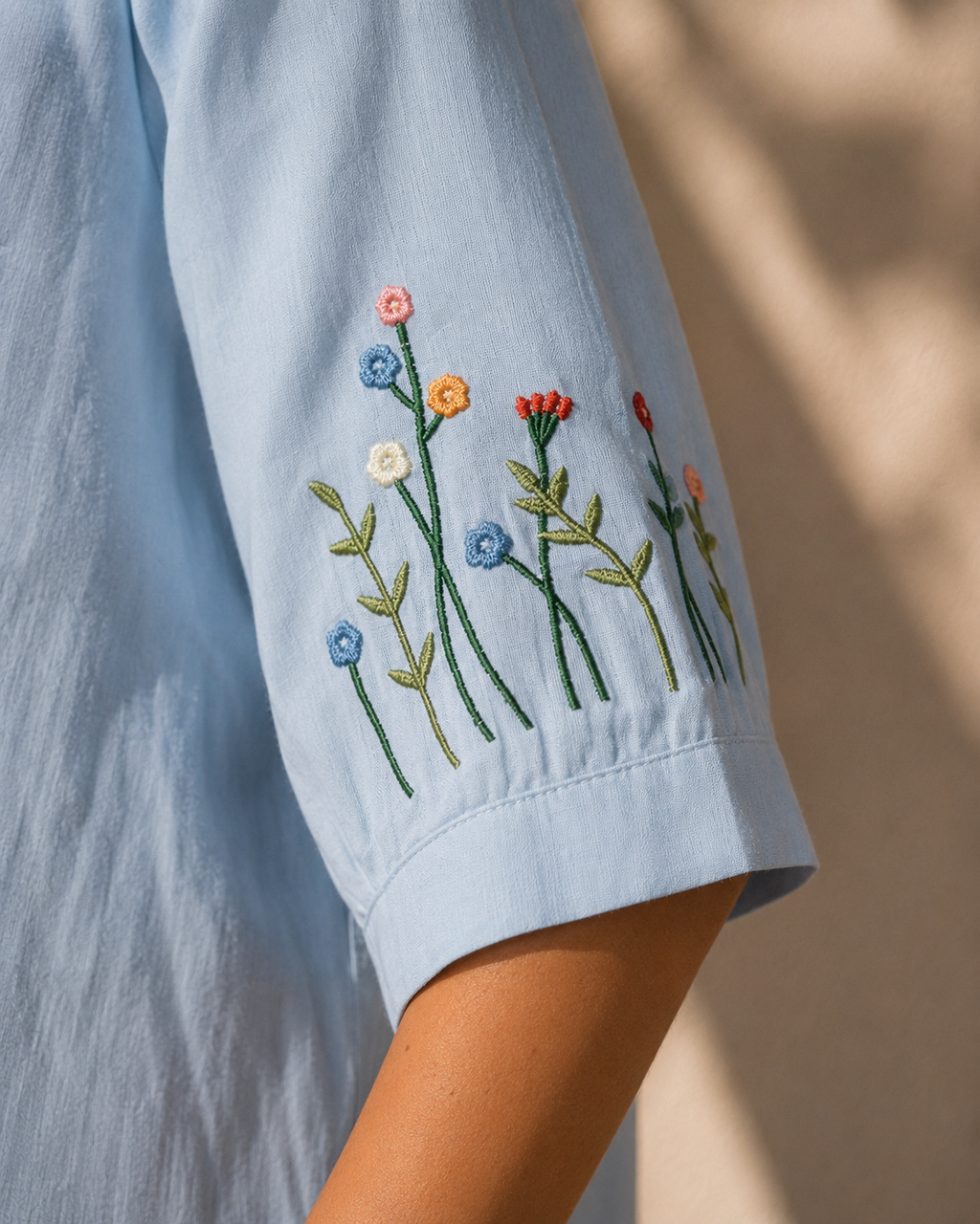 Sky Blue Wildflower Embroidered Cotton Shirt