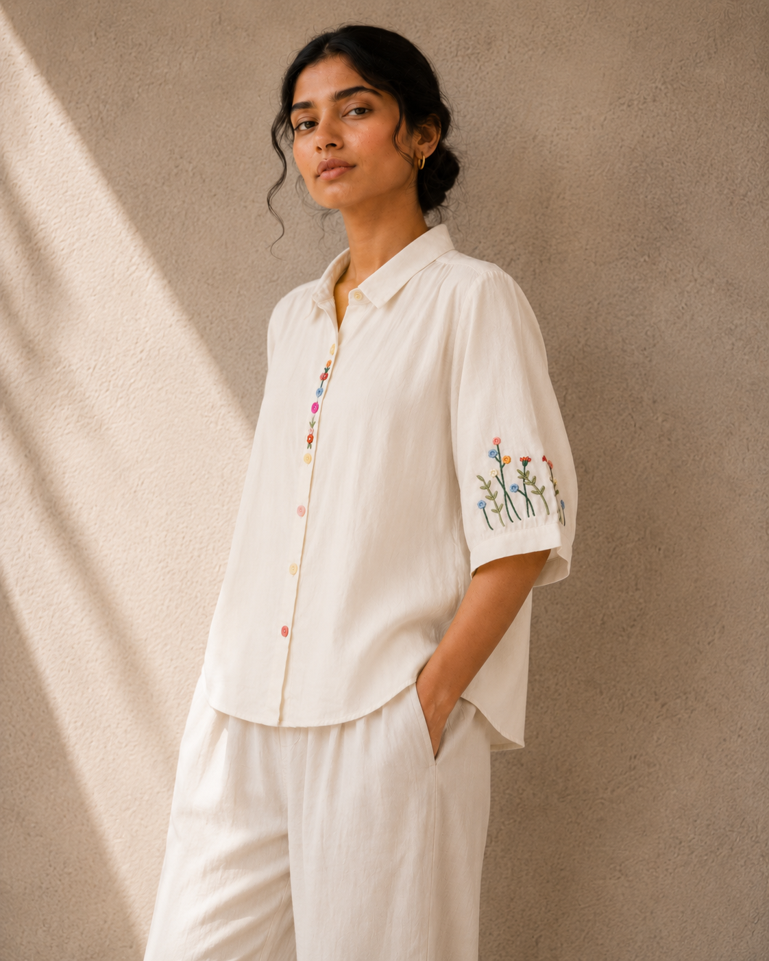 Ivory Wildflower Embroidered Cotton Shirt