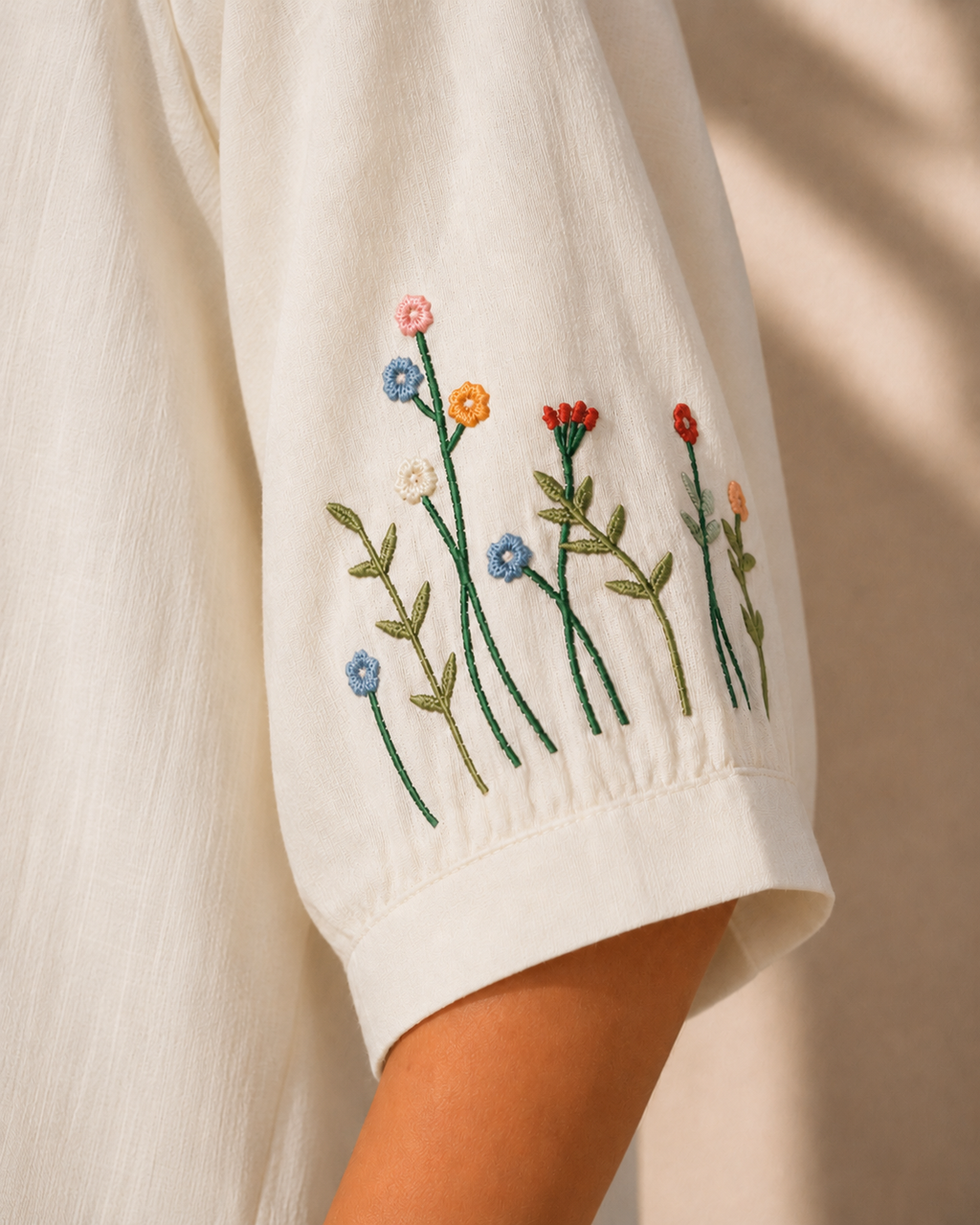 Ivory Wildflower Embroidered Cotton Shirt