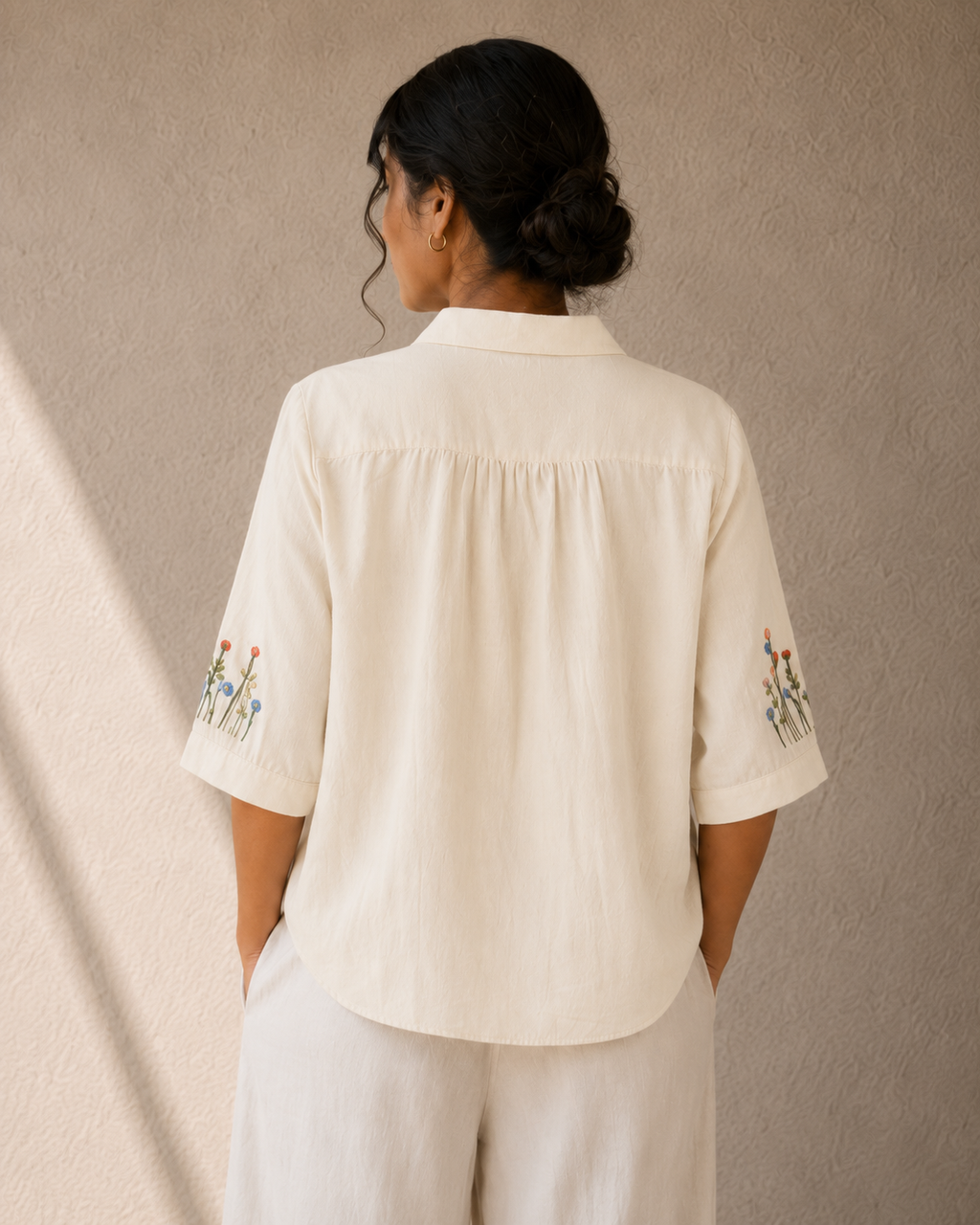 Ivory Wildflower Embroidered Cotton Shirt