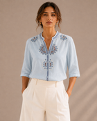 Sky Blue Medallion Embroidered Cotton Shirt
