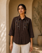 Chocolate Brown Floral Embroidered Cotton Shirt