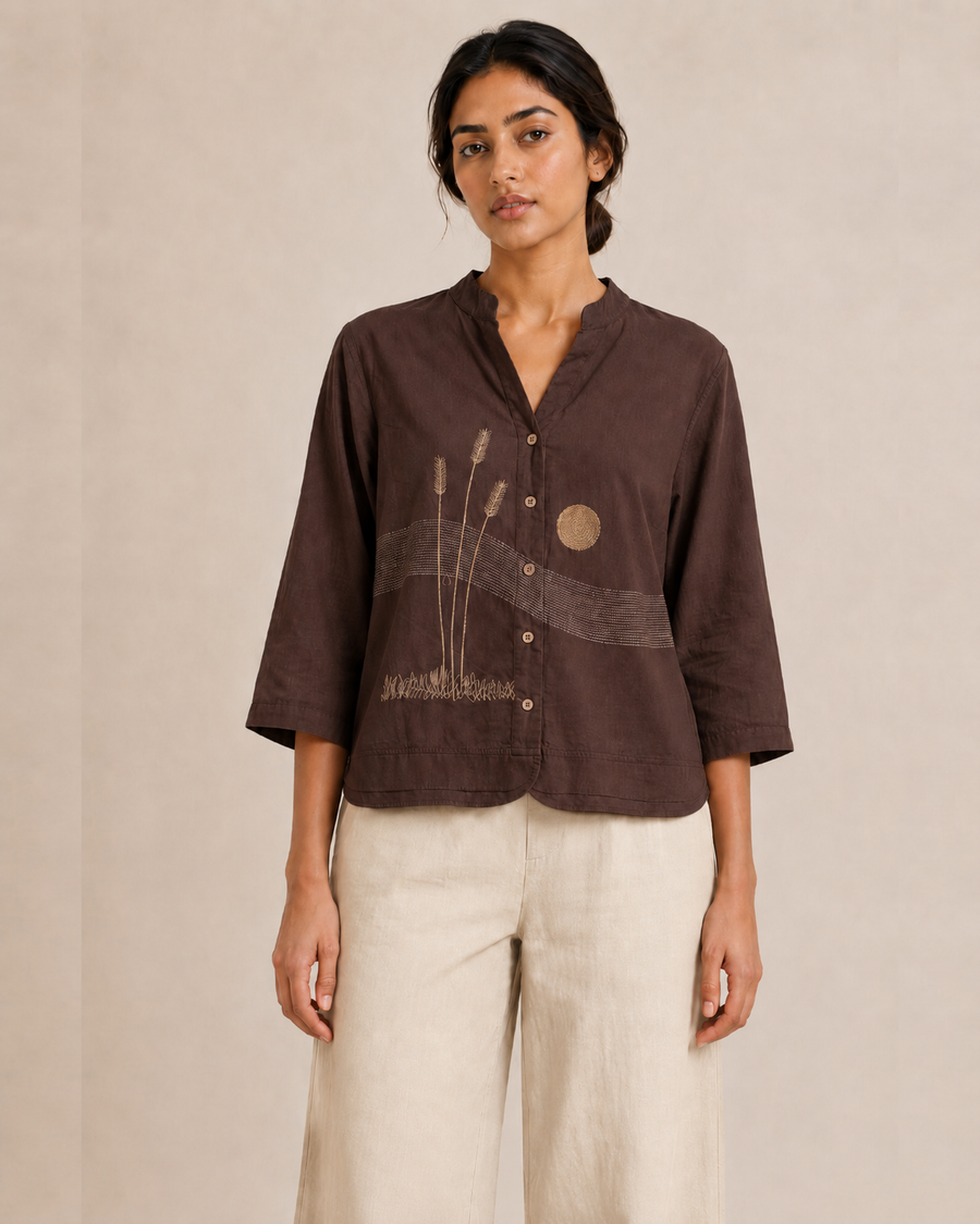 Chocolate Brown Landscape Embroidered Cotton Shirt