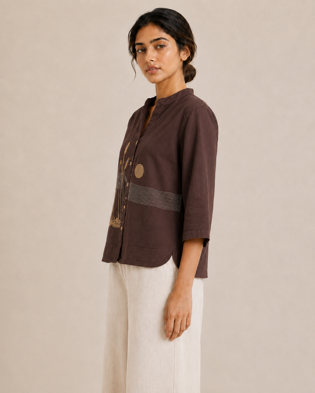 Chocolate Brown Landscape Embroidered Cotton Shirt