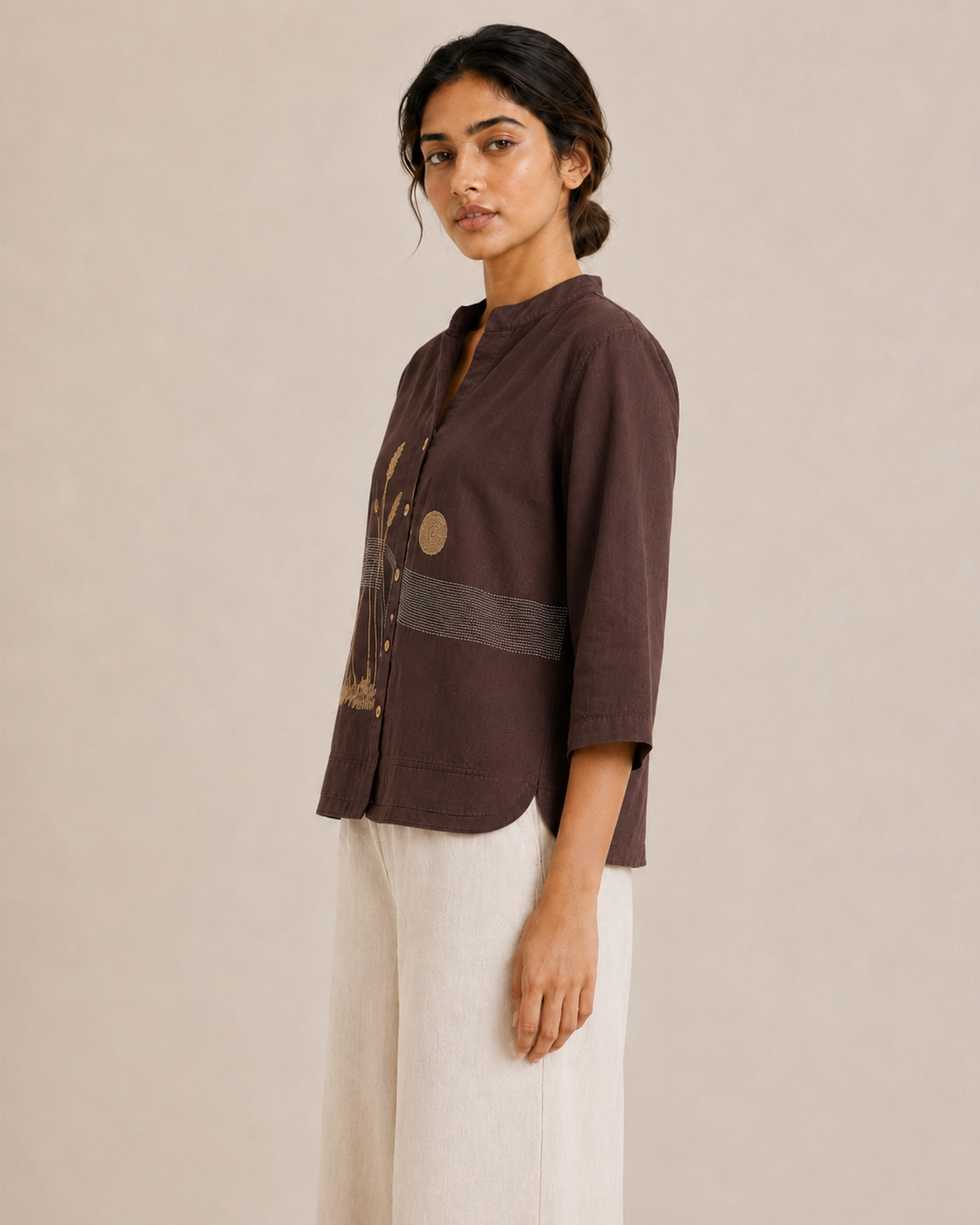 Chocolate Brown Landscape Embroidered Cotton Shirt
