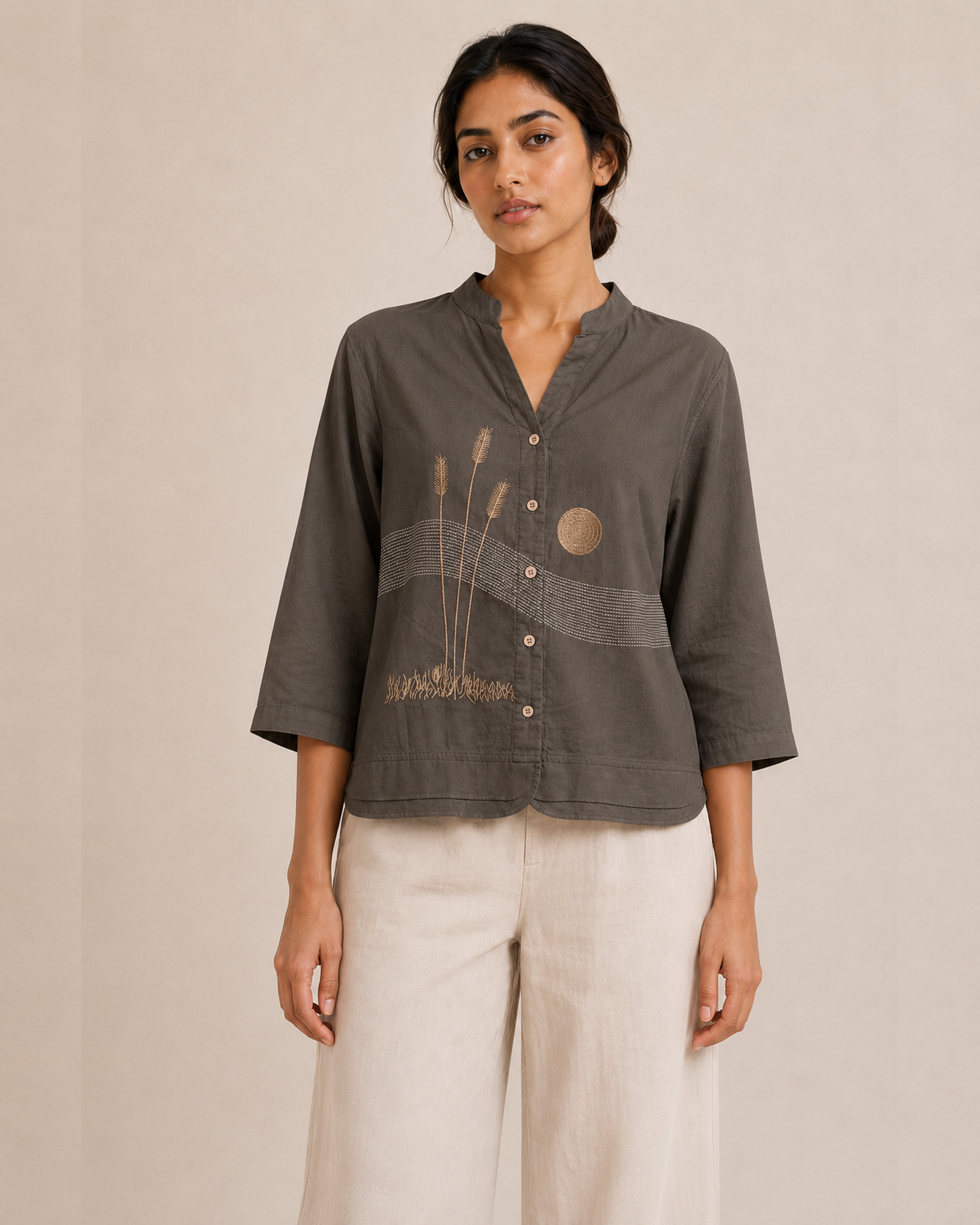 Slate Grey Landscape Embroidered Cotton Shirt