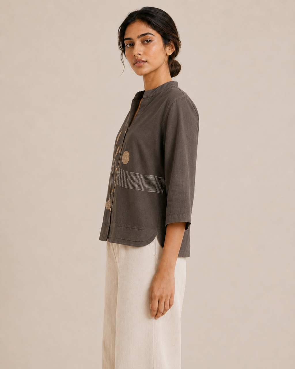 Slate Grey Landscape Embroidered Cotton Shirt