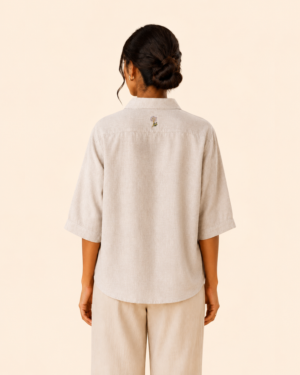 Stone Grey Back Embroidered Linen Shirt
