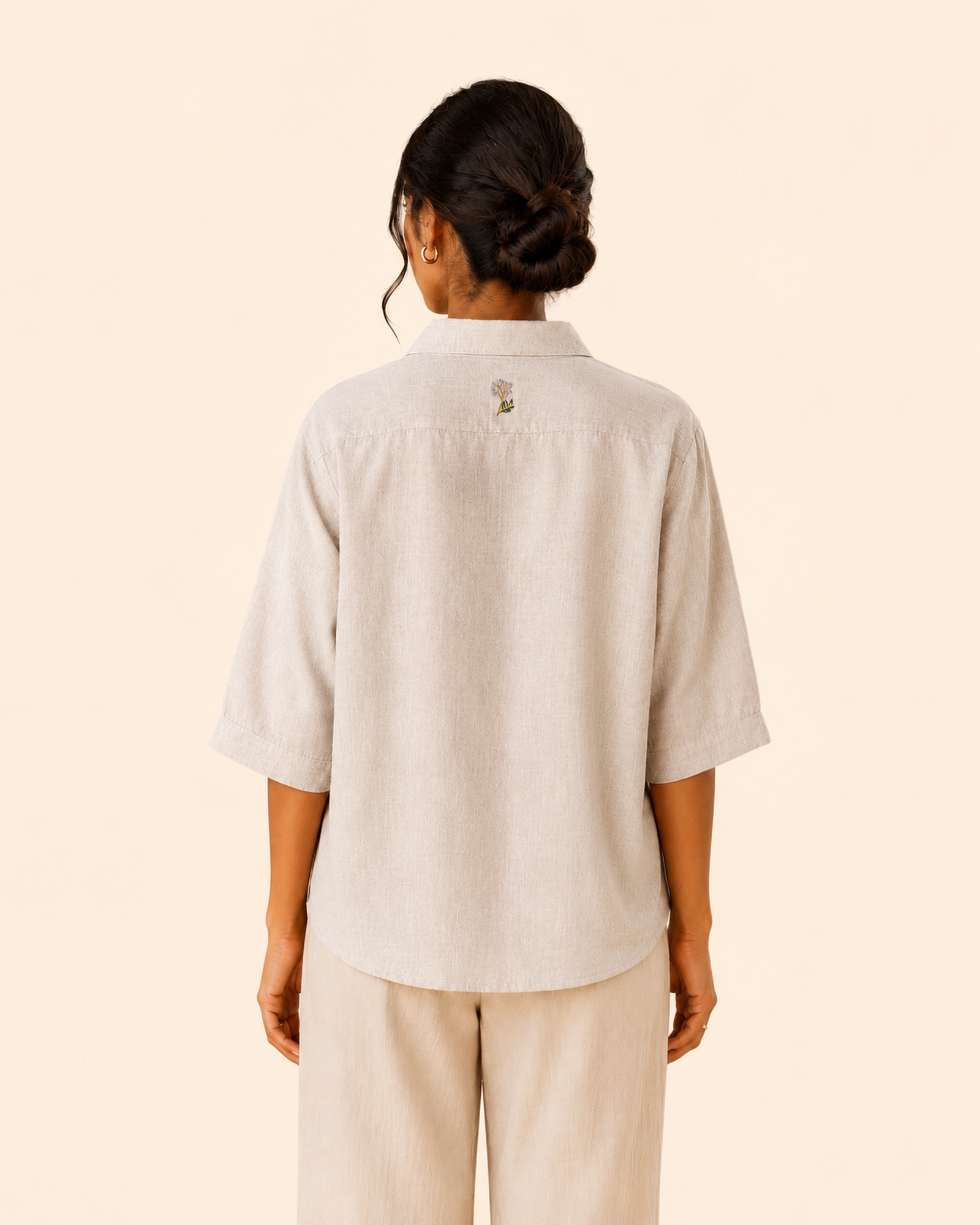Stone Grey Back Embroidered Linen Shirt
