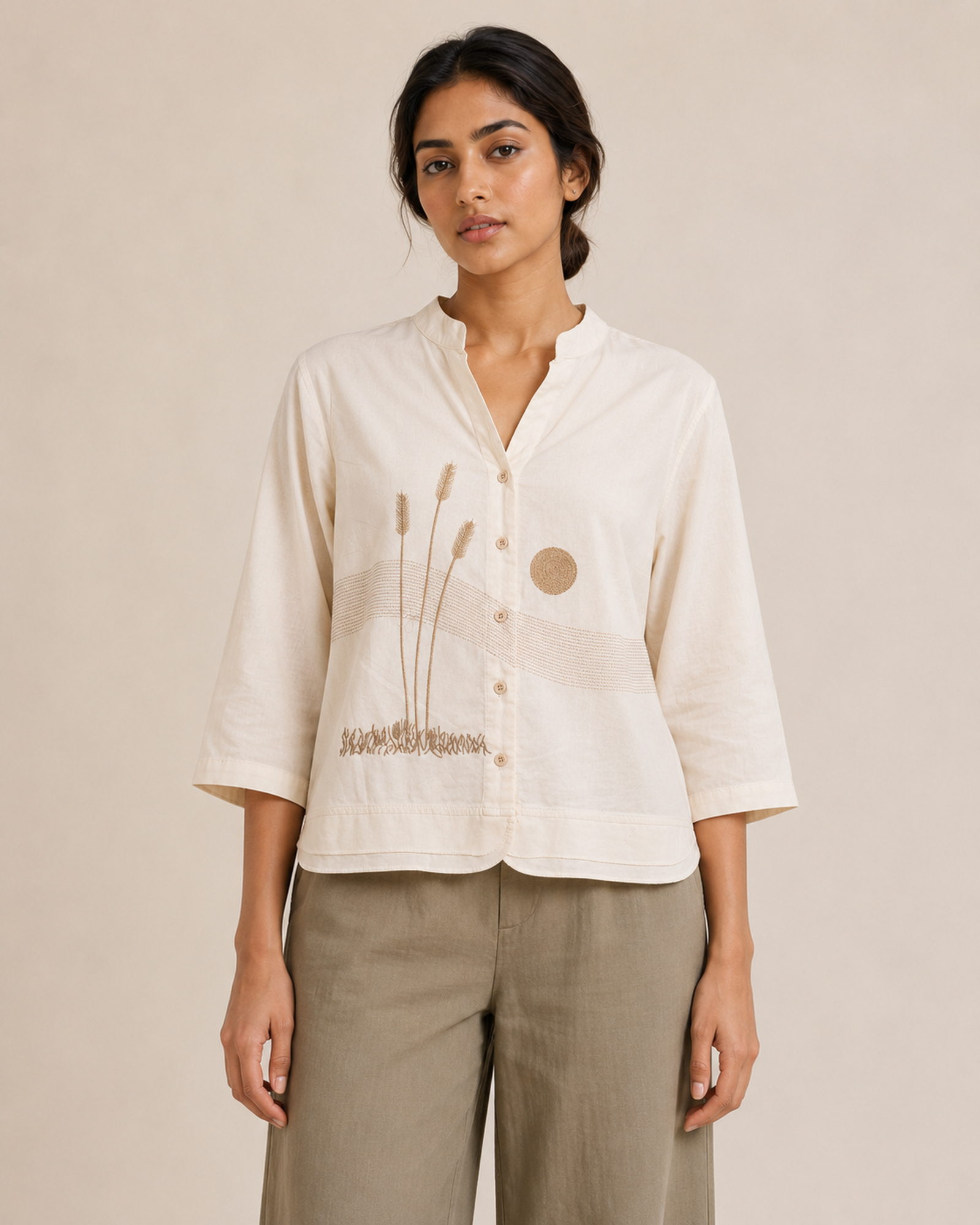 Warm Ivory Landscape Embroidered Cotton Shirt