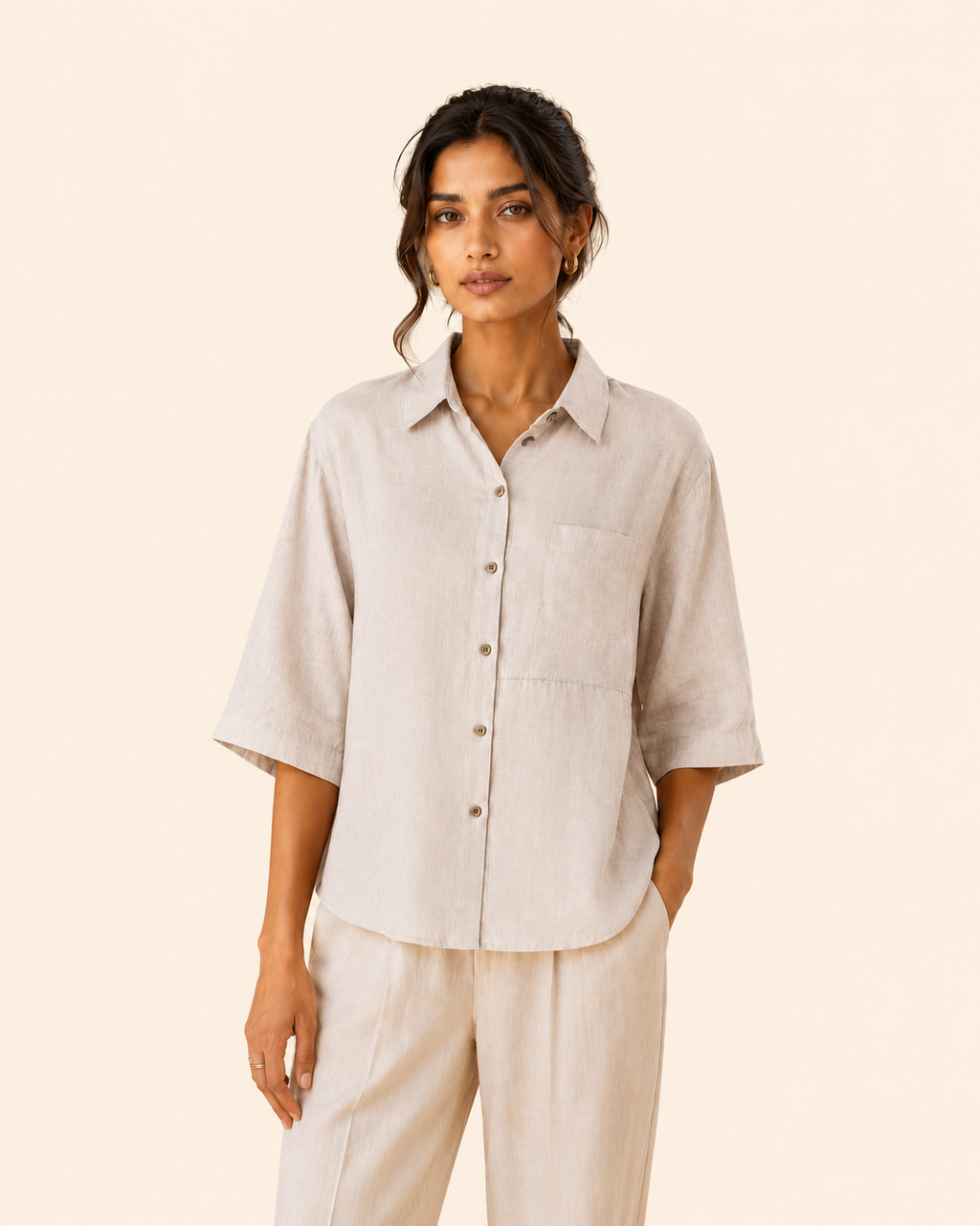 Stone Grey Back Embroidered Linen Shirt