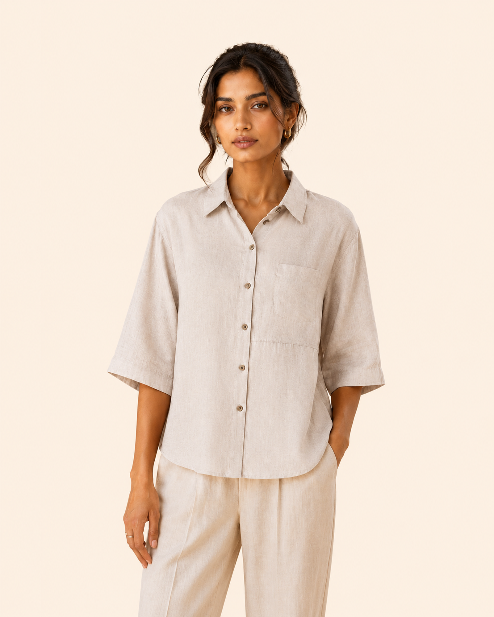 Stone Grey Back Embroidered Linen Shirt