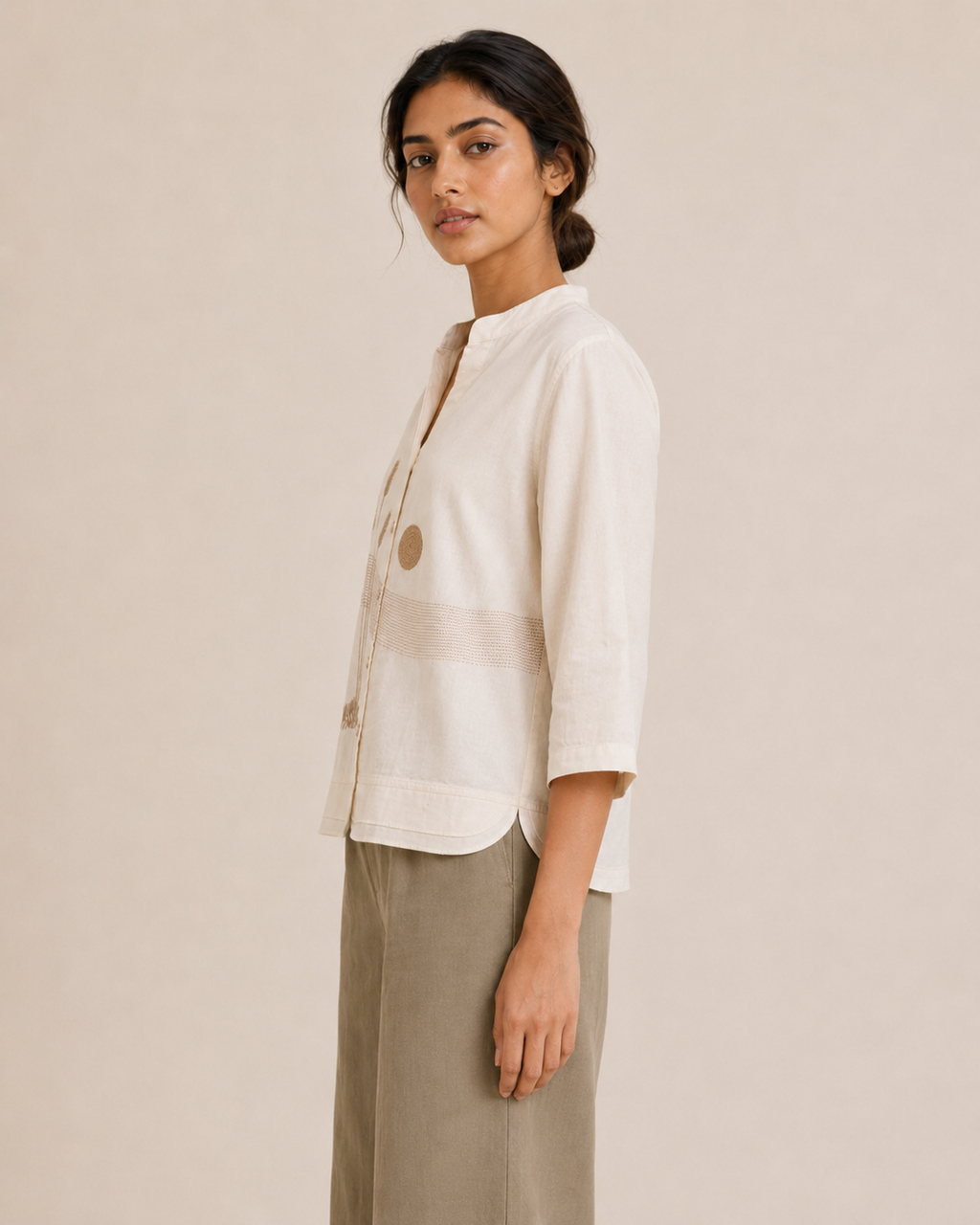 Warm Ivory Landscape Embroidered Cotton Shirt