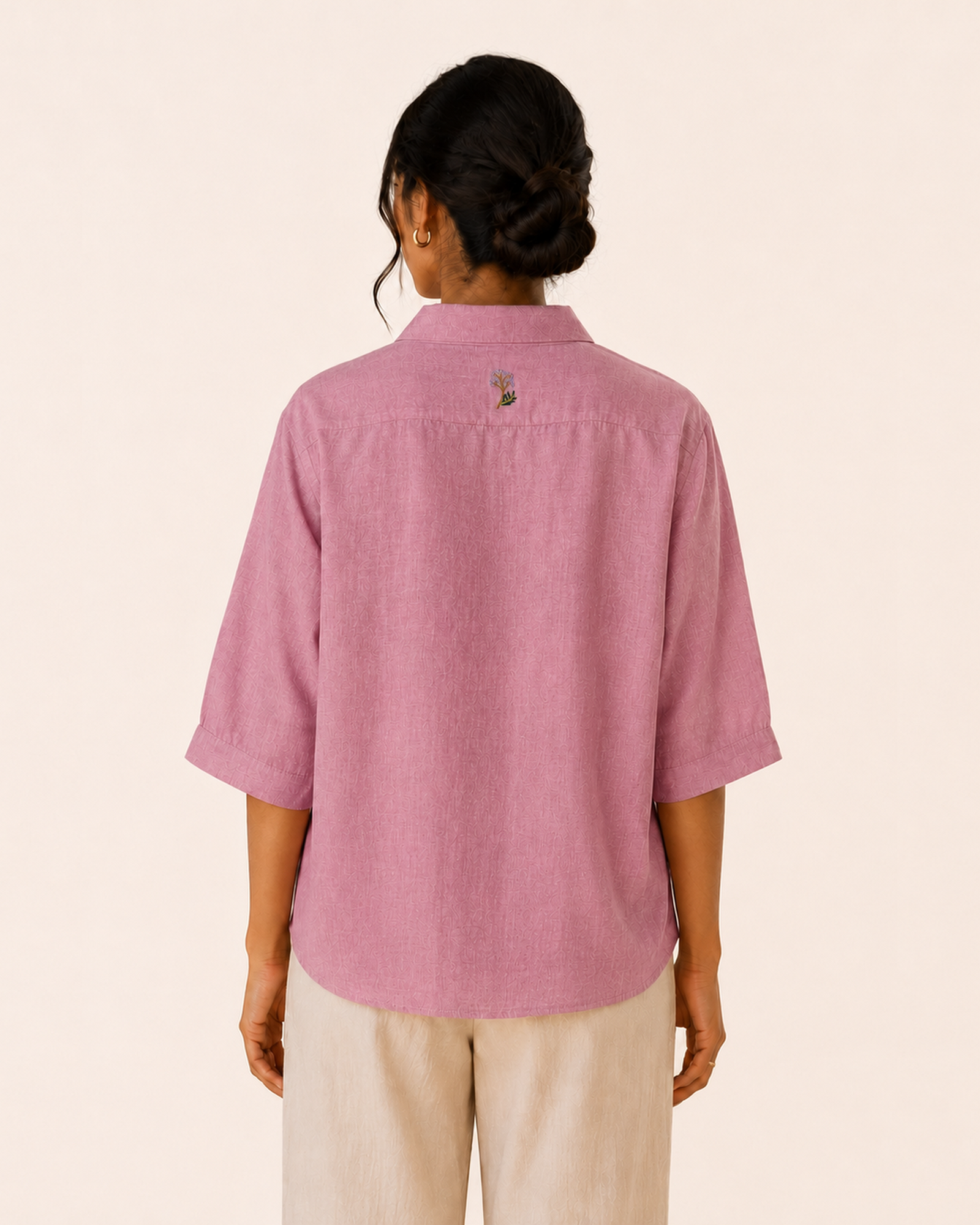 Soft Blush Pink Back Embroidered Linen Shirt