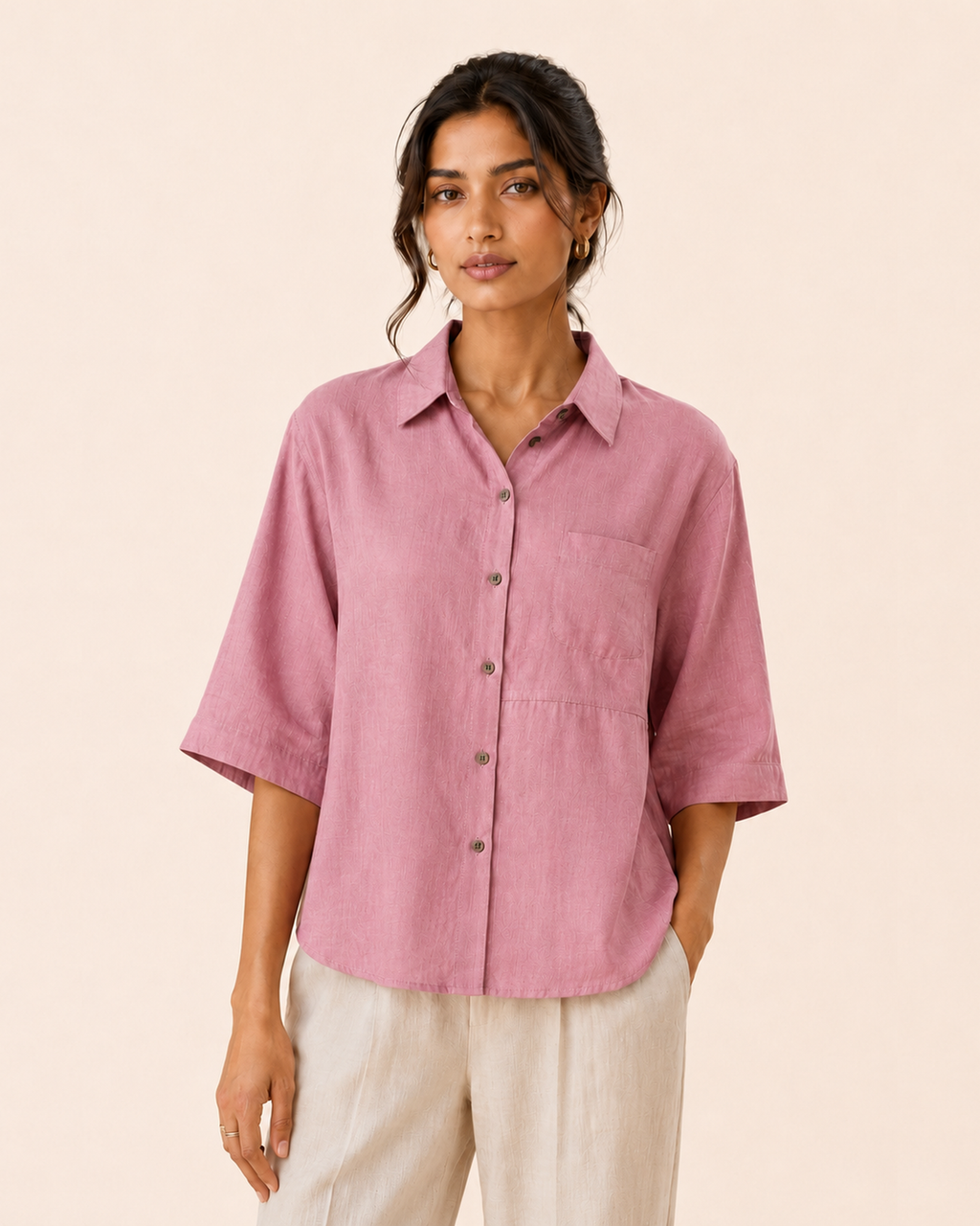 Soft Blush Pink Back Embroidered Linen Shirt