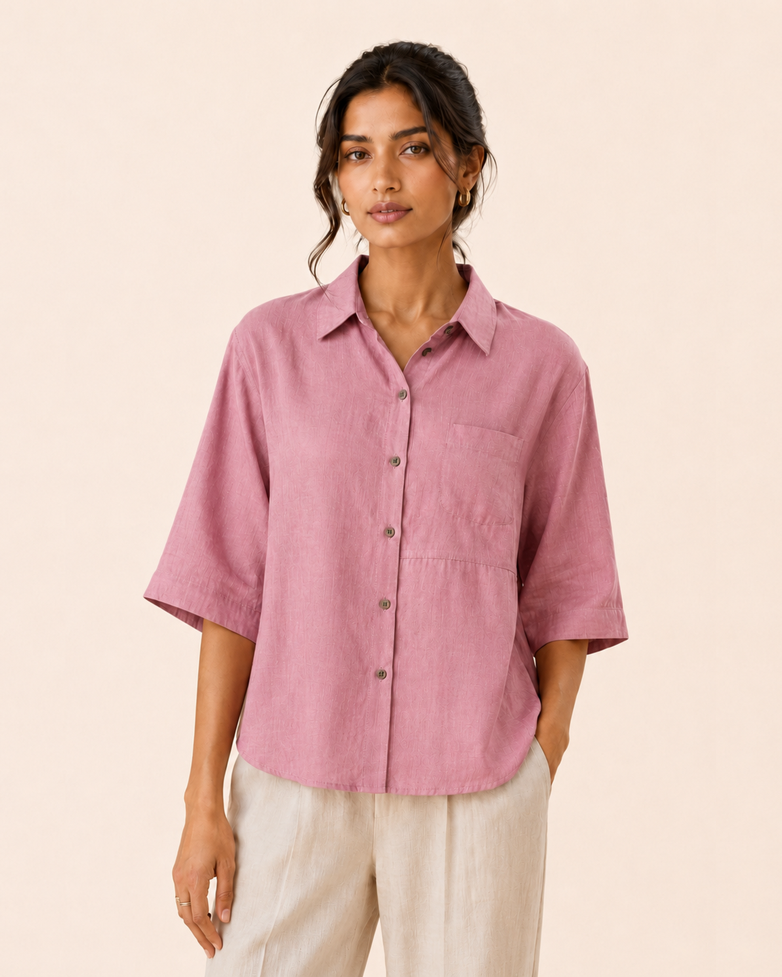 Soft Blush Pink Back Embroidered Linen Shirt