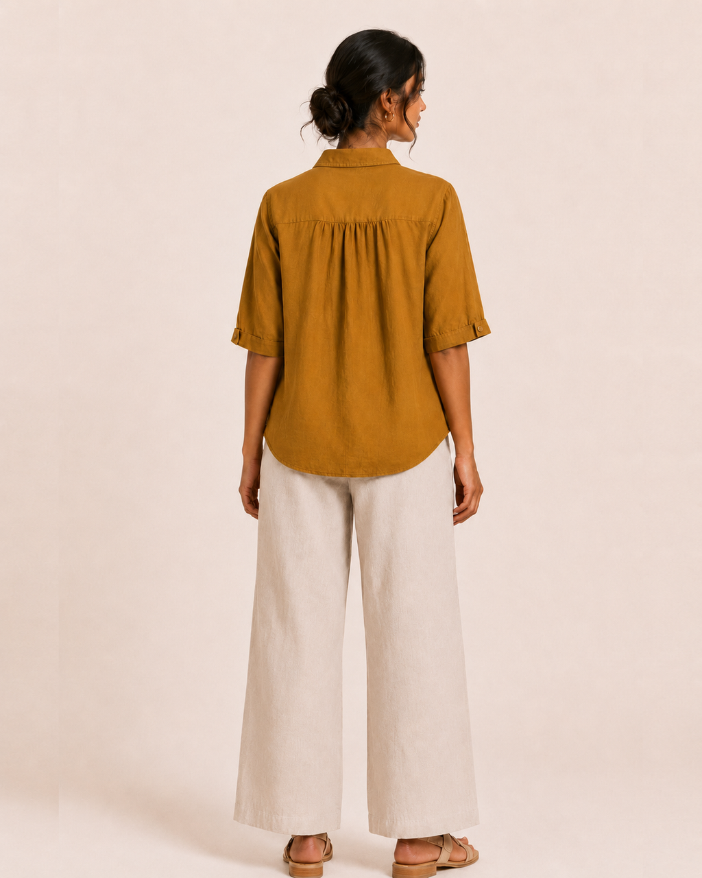Mustard Collar Floral Embroidered Cotton Shirt