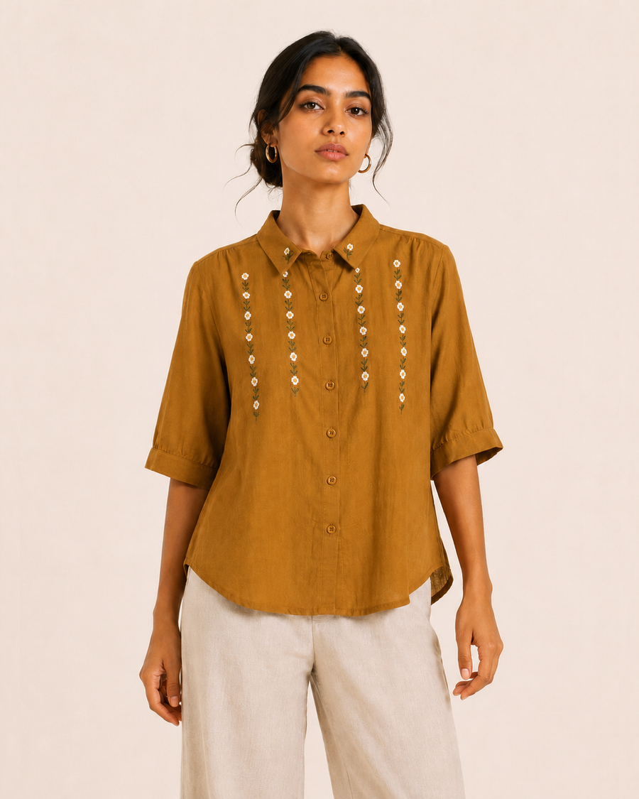 Mustard Collar Floral Embroidered Cotton Shirt