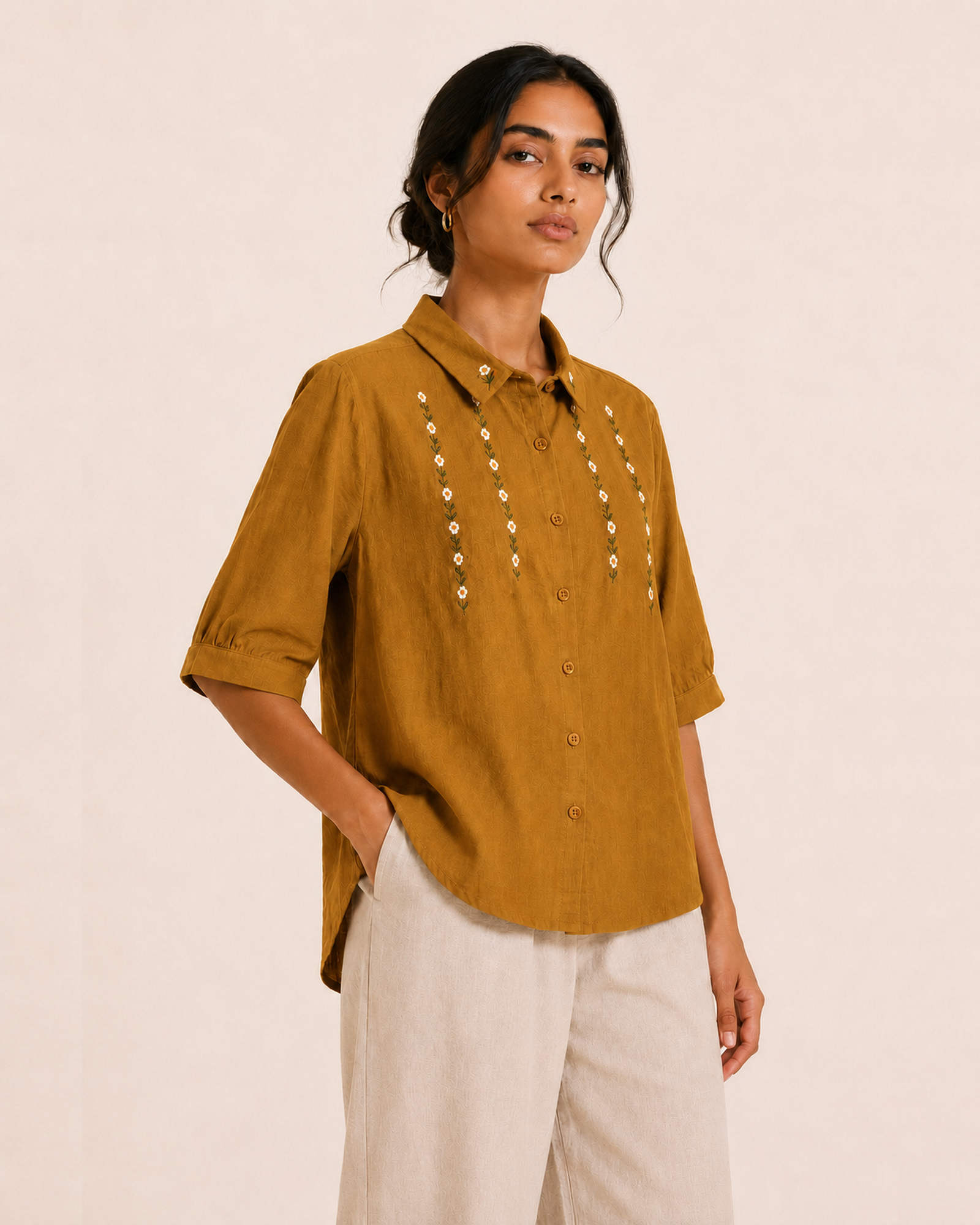 Mustard Collar Floral Embroidered Cotton Shirt