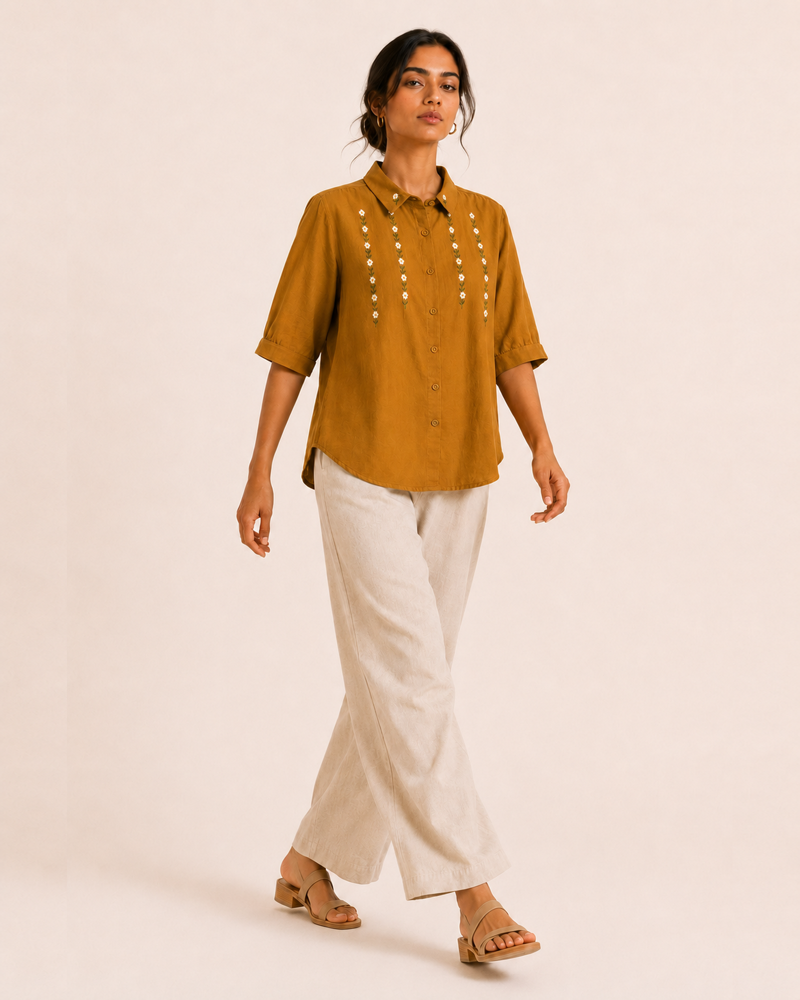 Mustard Collar Floral Embroidered Cotton Shirt