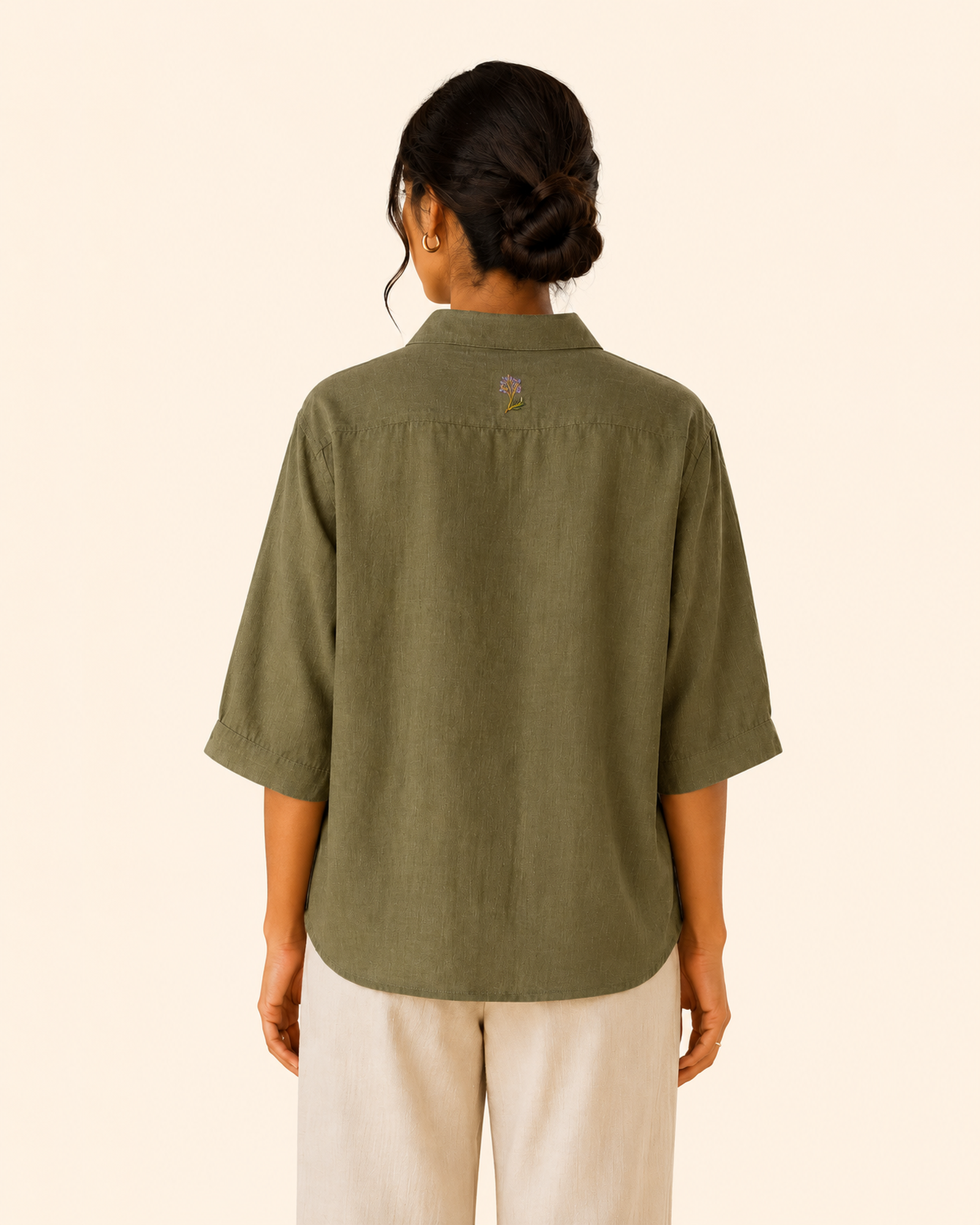 Olive Back Embroidered Linen Shirt