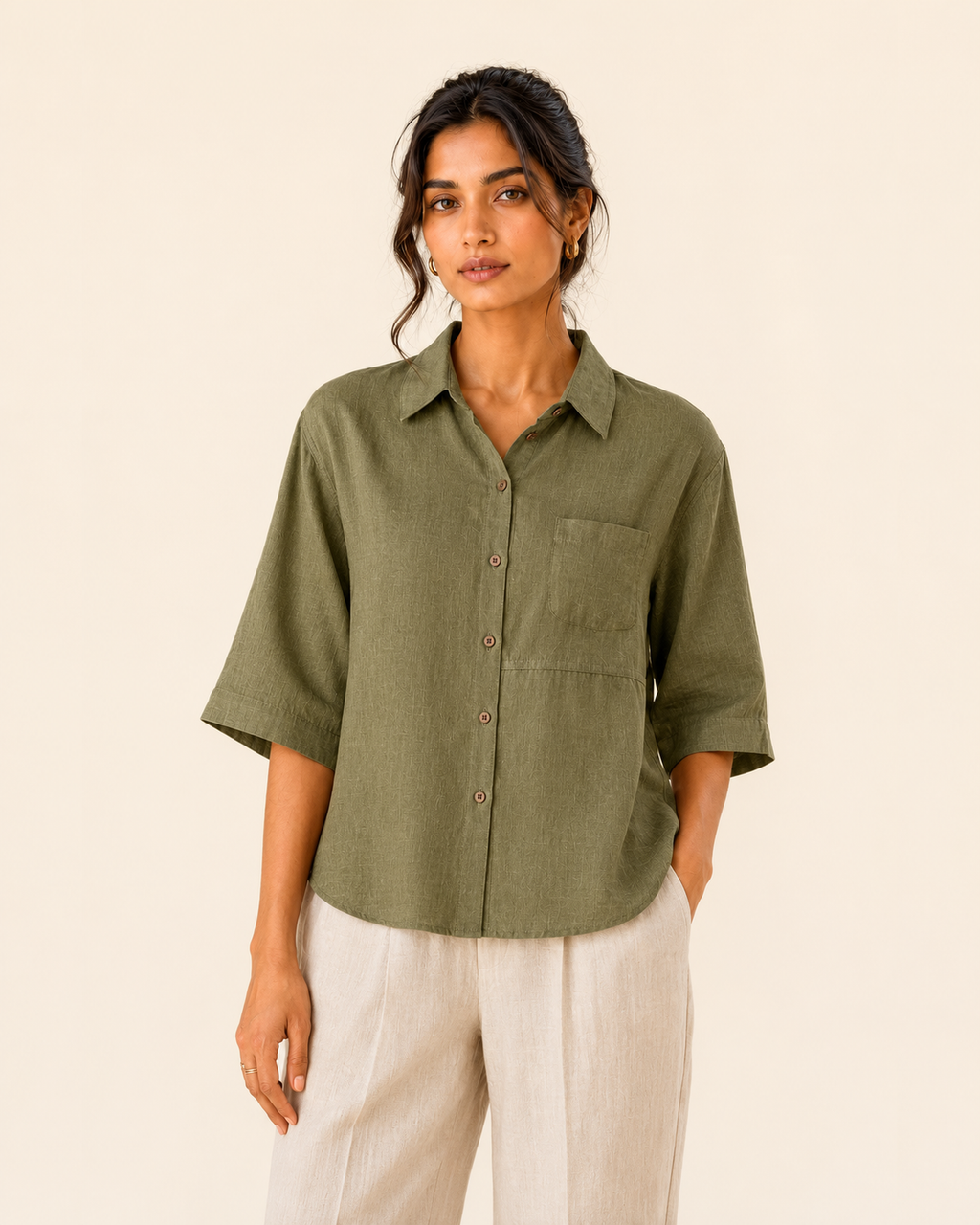 Olive Back Embroidered Linen Shirt