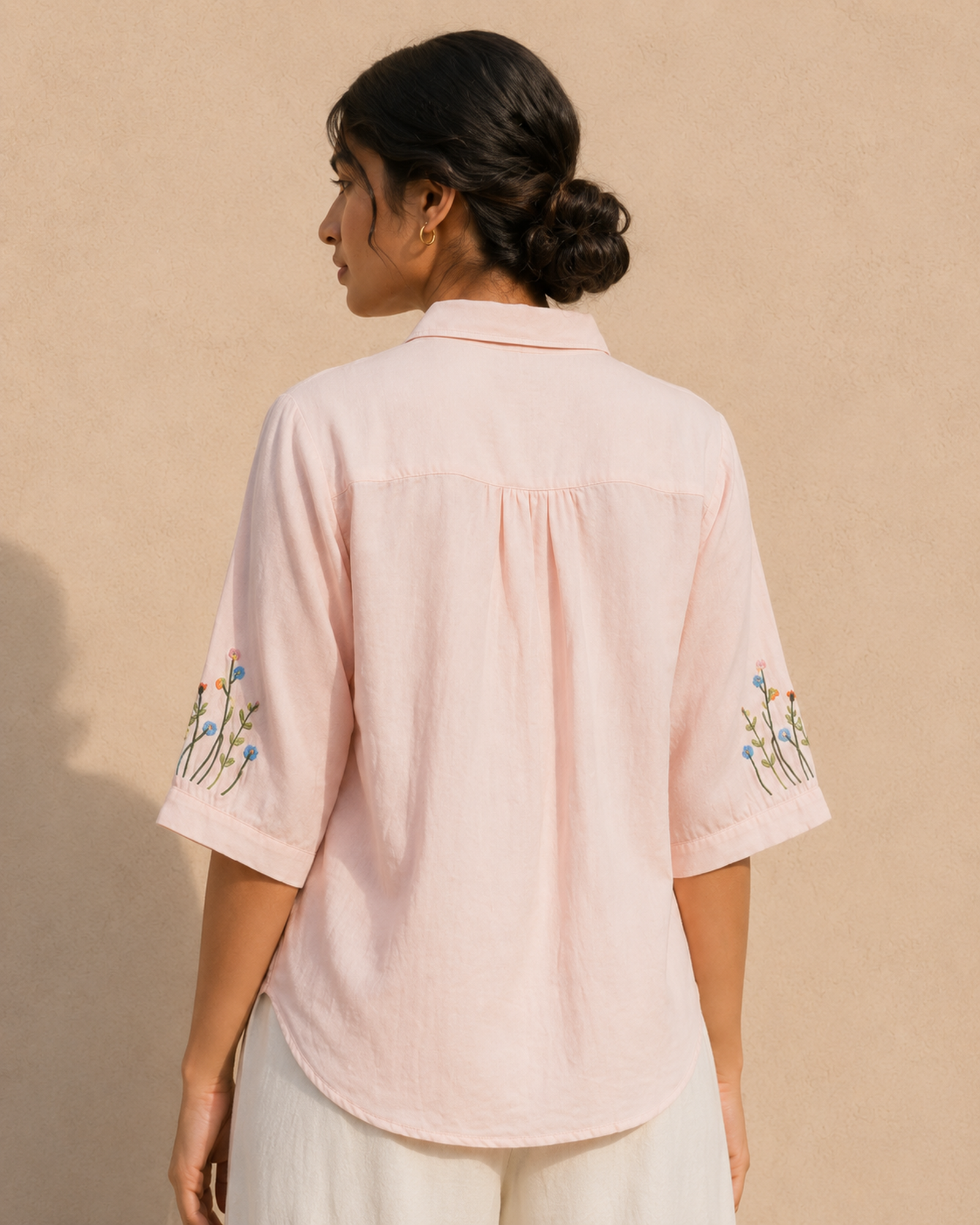 Soft Blush Pink Wildflower Embroidered Cotton Shirt